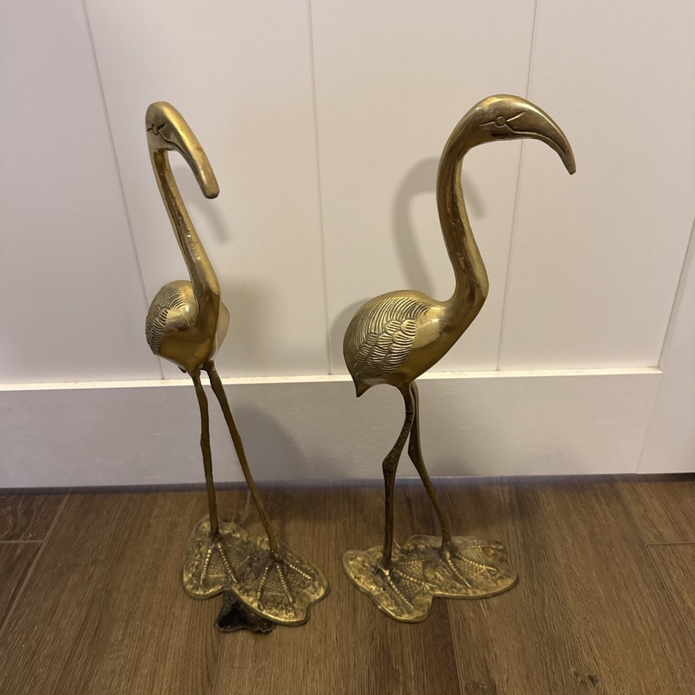 Vintage Metal Flamingo Statue Set Pair - 21" Tall Brass Mcm Decor